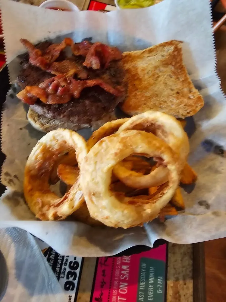 Bacon Burger with Onion Rings and Fries